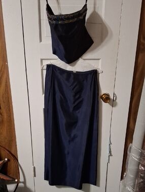 Niki Lavis Navy Blue Two-Piece Satin Dress with Beaded Trim (Mis286)